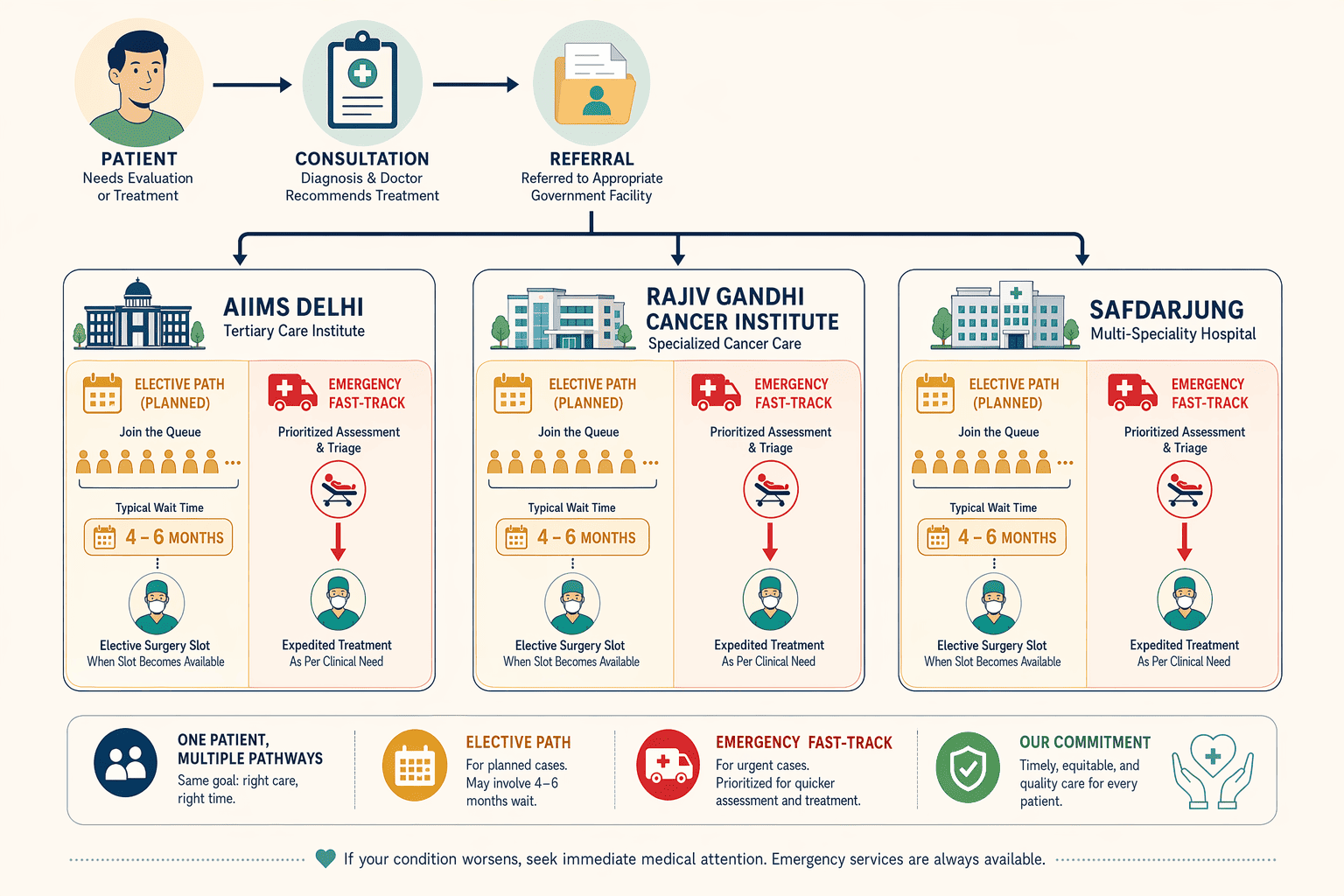 Illustration for: Government and Safety-Net Institutes: Aiims Delhi, Rajiv Gandhi Cancer Institute